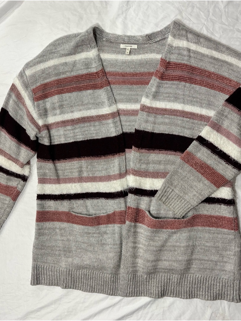 Maurices Striped Open Cardigan in Gray, Rose and Burgandy